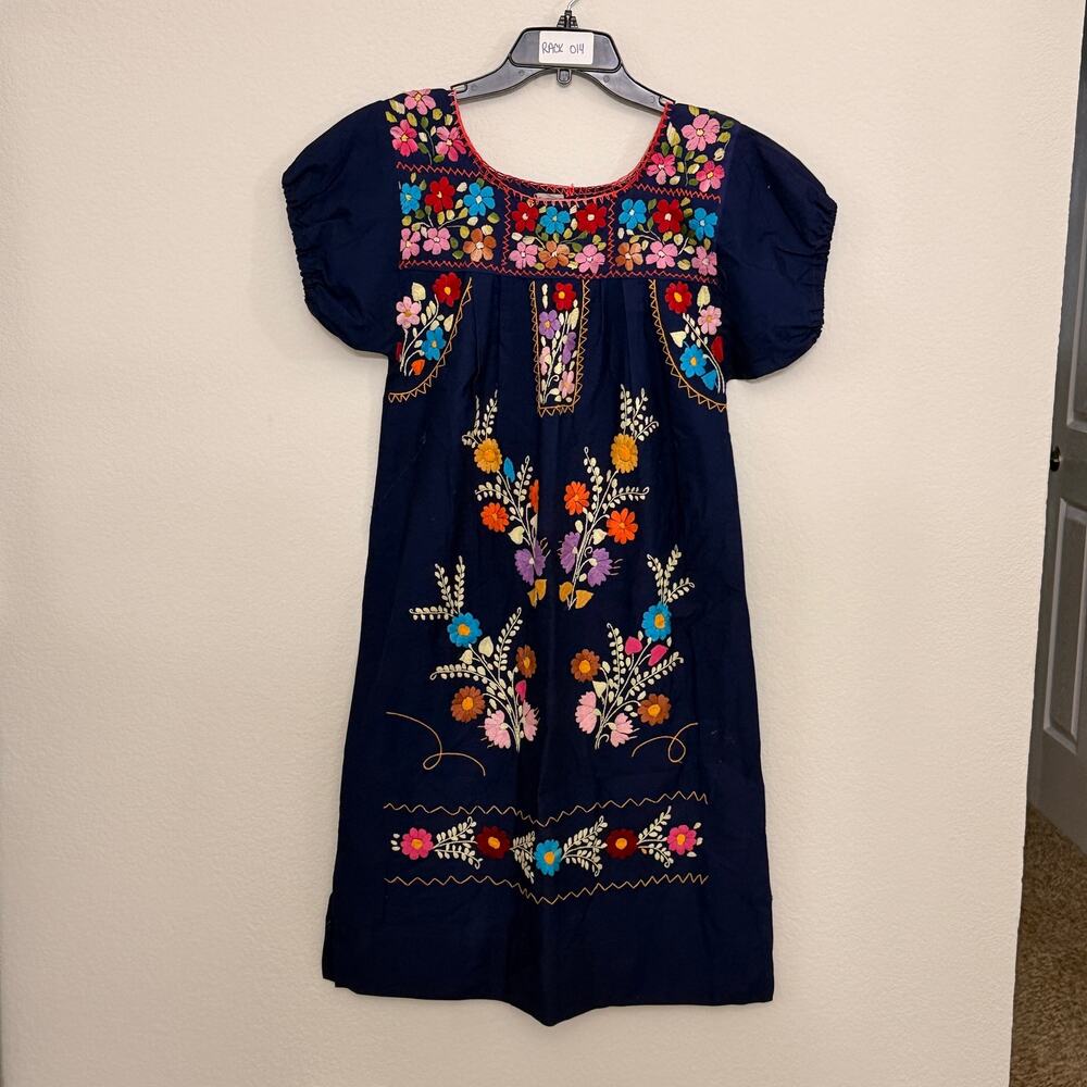 Vintage 1970's Colorful Navy Mexican Huipil Style Dress / ML